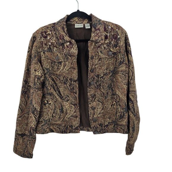 Vintage Wool Blend Trucker Jacket Blazer Shacket M Brown Gold Paisley Jacquard - Picture 1 of 10